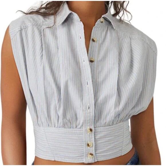 Free People We The Free Cassie Stripe Sleeveless Crop Shirt Blue Tan Medium - Picture 1 of 5